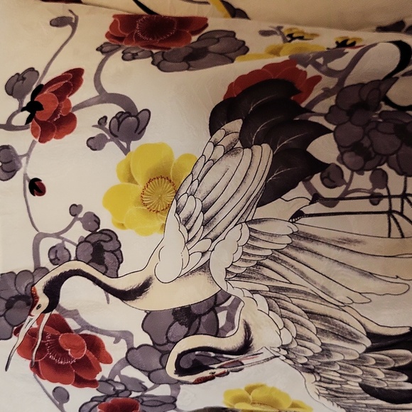 CITRON Top Blouse Silk Ivory Floral Yellow Black Small Layered Crane Birds - Picture 2 of 5